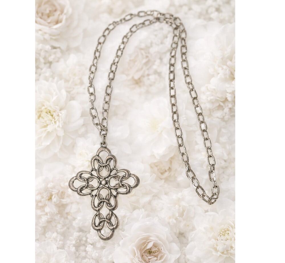 Sarah Coventry Today Cross Necklace Pewter Knotted 1972 26 inch Florentine VTG